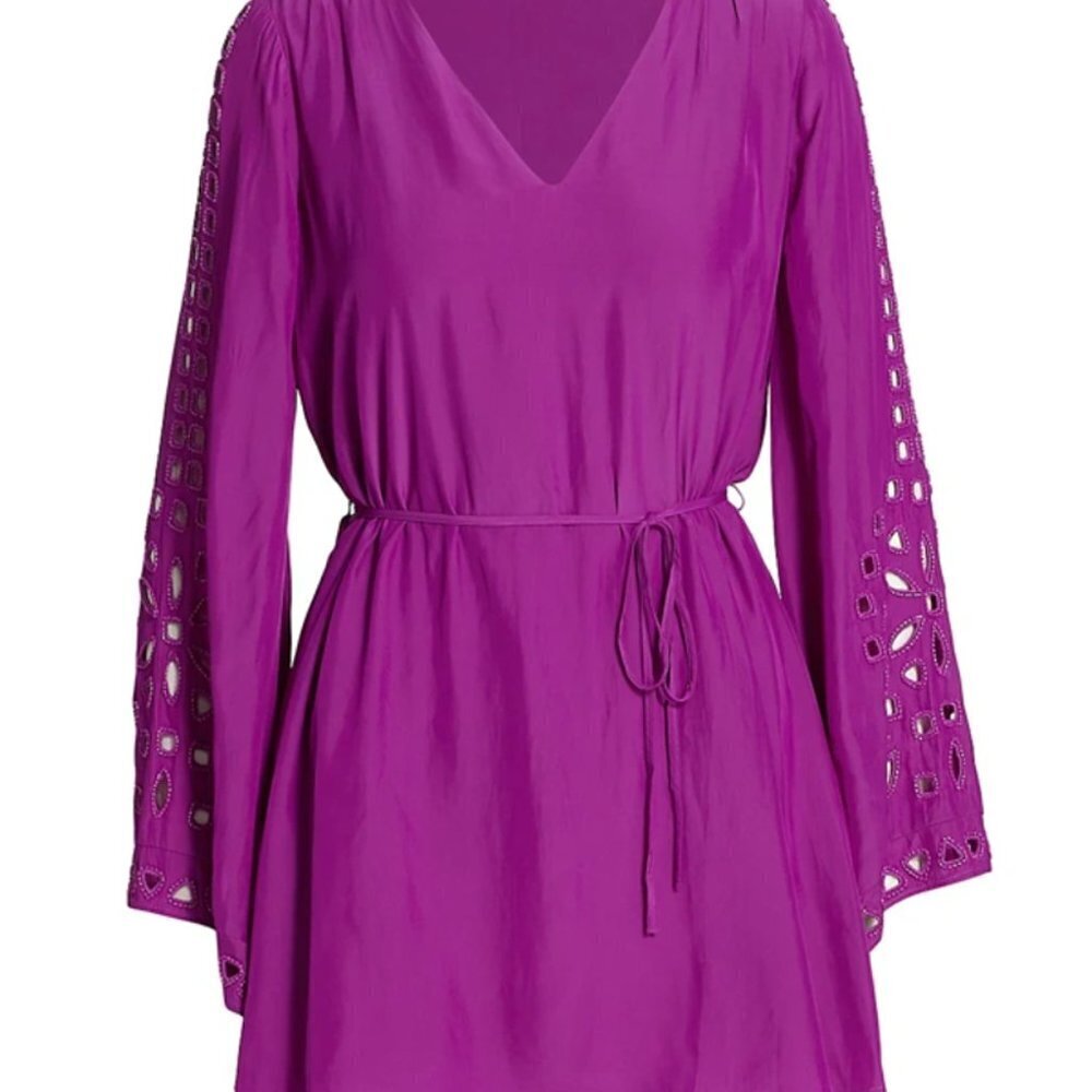 Ramy Brook Eyelet Molly Pink Purple Long Bell Sleeve Mini Dress, Beaded, Sz XS - Picture 3 of 11